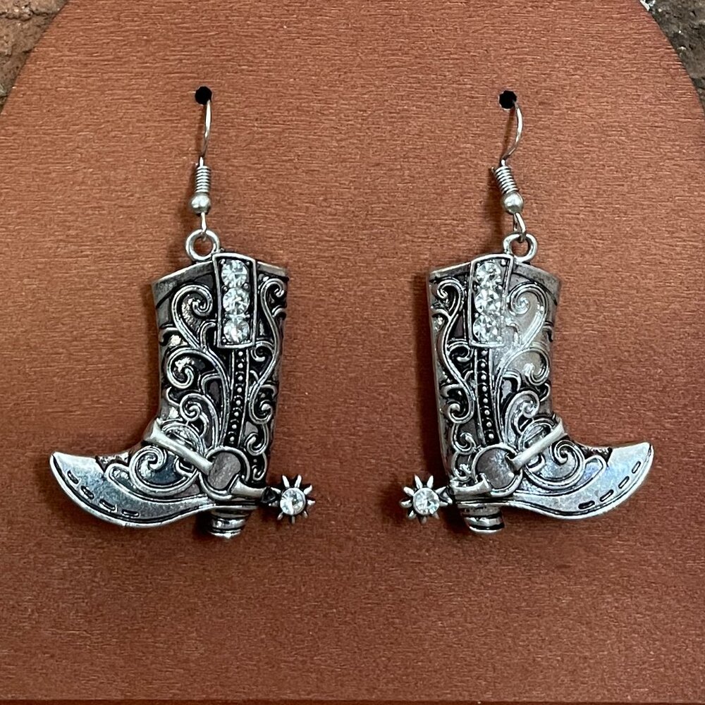 Tooled Cowgirl Boot Earrings with Rhinestones